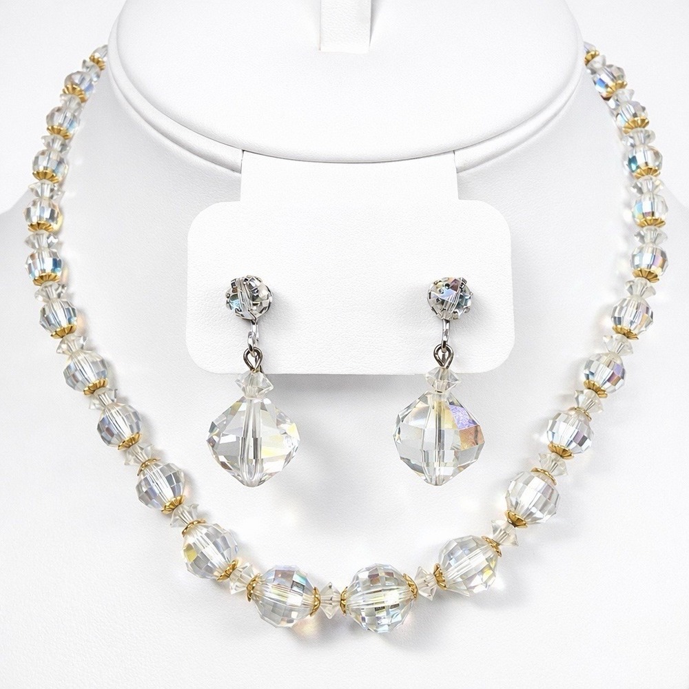 Vintage Laguna AB Crystal Bead Necklace & Dangle Earrings Set Signed Mid Century